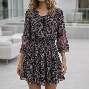 DEX Boho Mini Dress Small Ditsy Floral Festival Bohemian Lined Smocked